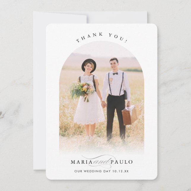 WEDDING THANKS couple photo arch frame calligraphy Invitation (Front)