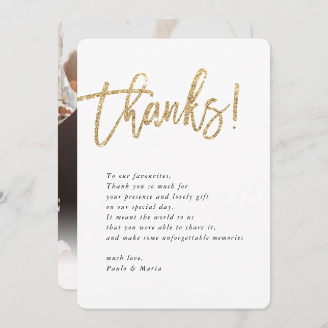 WEDDING THANKS photo gold glitter modern message Invitation (Front/Back)