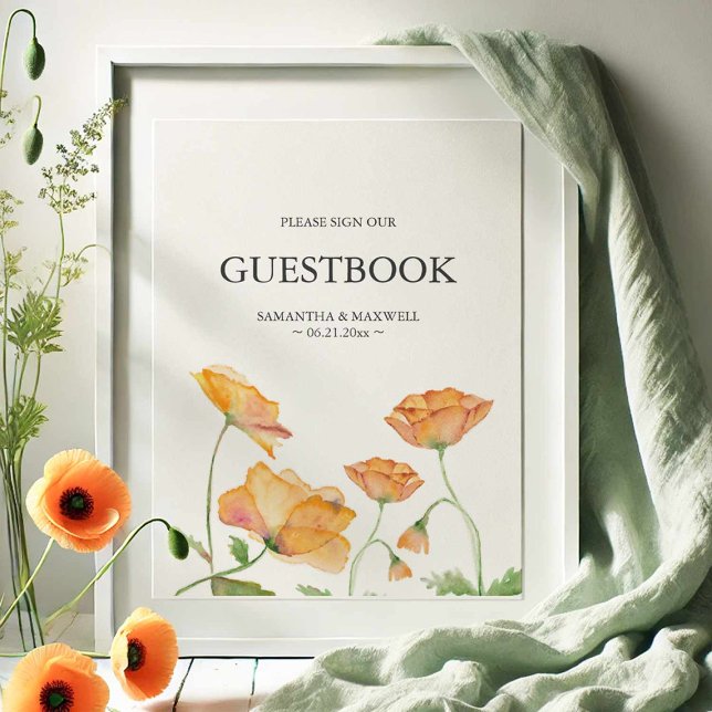 Wedding Theme Orange Flower Guest Book Sign (Wedding guestbook sign watercolor orange poppy flower art by Victoria Grigaliunas Do Tell A Belle)