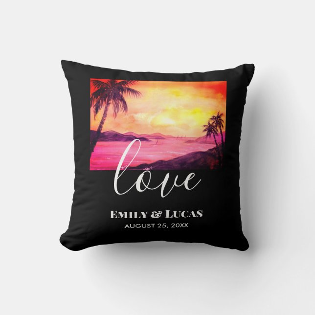 Wedding Theme Tropical Beach Sunset Watercolor Cushion (Front)