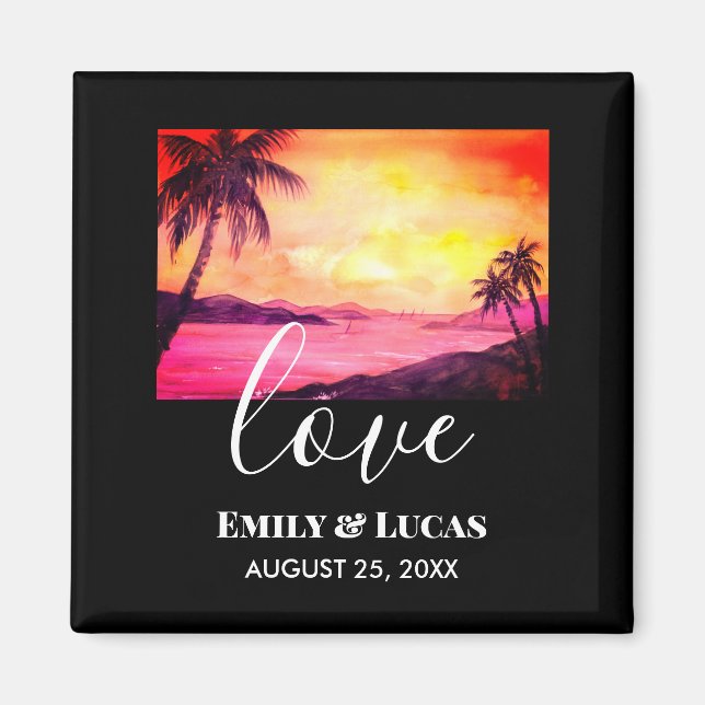 Wedding Theme Tropical Beach Sunset Watercolor Magnet (Front)
