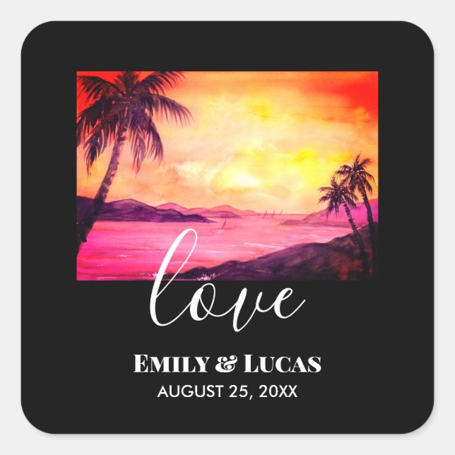 Wedding Theme Tropical Beach Sunset Watercolor Square Sticker (Front)