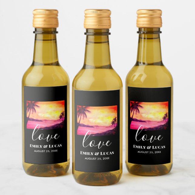 Wedding Theme Tropical Beach Sunset Watercolor Wine Label (Bottles)