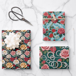 Wedding Theme With Roses And Wedding Rings Wrapping Paper Sheet