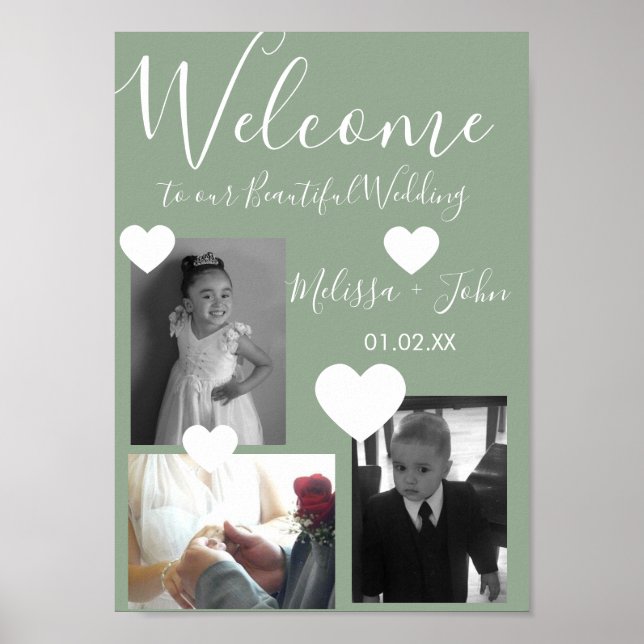 Wedding Three Photo Collage Script and Hearts Post Poster (Front)