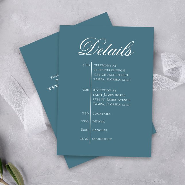 Wedding Timeline Blue Details Simple RSVP Enclosure Card (Blue wedding invitation details enclosure card with simple timeline template.)