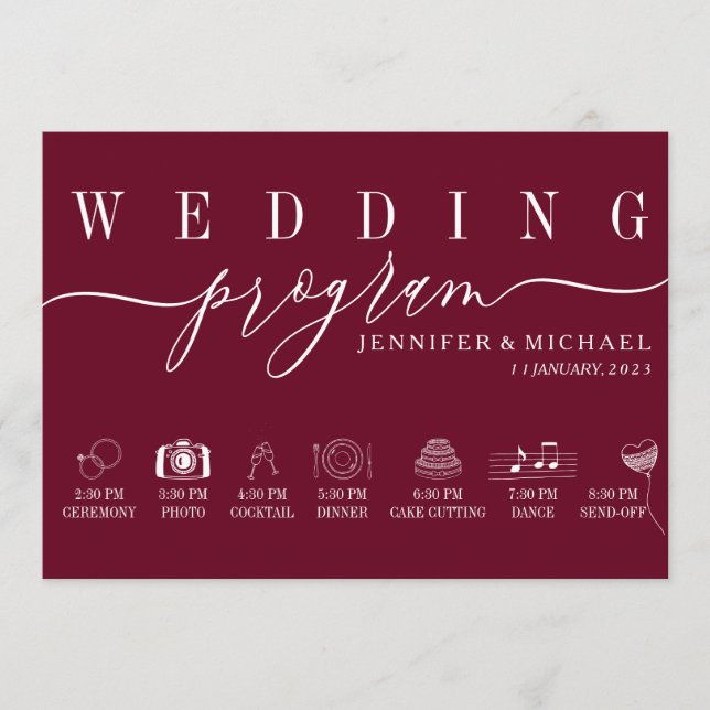 Wedding Timeline ceremony planning simple burgundy Programme (Front)