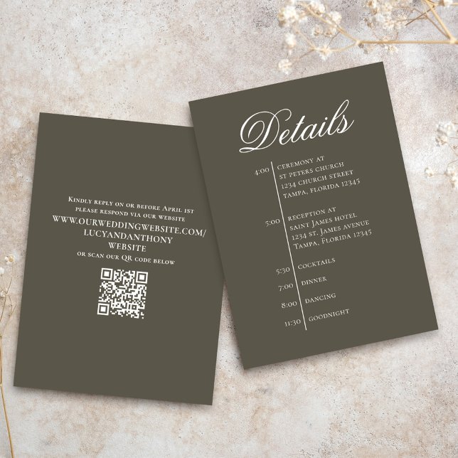 Wedding Timeline Details Simple RSVP Enclosure Card (Simple brown enclosure card with scannable QR code.)