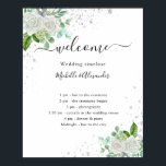 Wedding timeline program floral greenery poster<br><div class="desc">White elegant background,  decorated with a white watercolored white florals,  eucalyptus greenery,  and faux silver glitter dust. Personalise and add your names and your wedding day timeline.</div>
