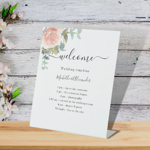 Wedding timeline program rose gold floral  pedestal sign