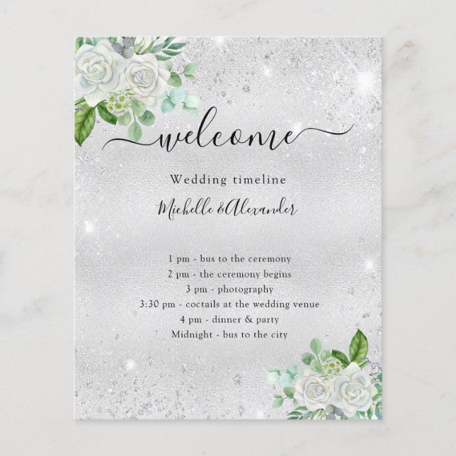 Wedding timeline program silver floral greenery (Front)