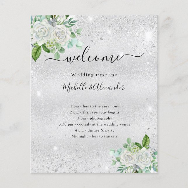 Wedding timeline program silver floral greenery flyer (Front)
