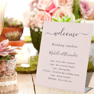 Wedding timeline promgram rose gold welcome pedestal sign