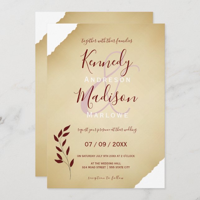 Wedding Torn Sepia Geometric Non-Binary Invitation (Front/Back)