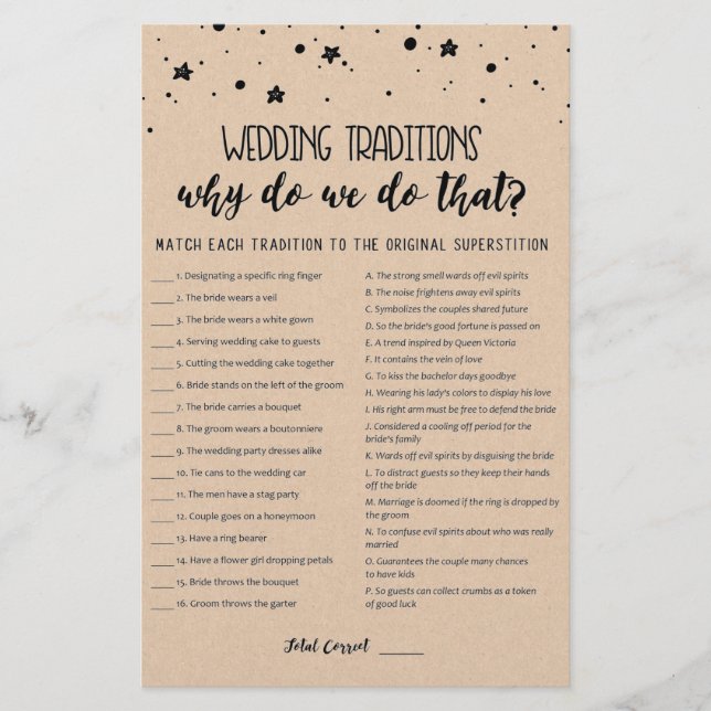 Wedding traditions game with Answers (Front)