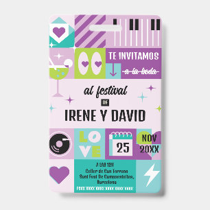 Wedding Turquoise Blue Festival Lila Retro WedFest ID Badge