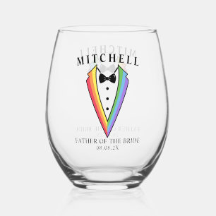 Wedding Tuxedo Father of the Gay Bride LGBTQ+ Stemless Wine Glass