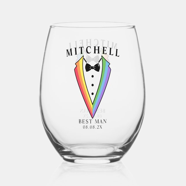 Wedding Tuxedo Gay LGBTQ+ Best Man Stemless Wine Glass (Front)