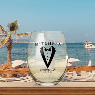 Wedding Tuxedo Personalised Groomsman Stemless Wine Glass