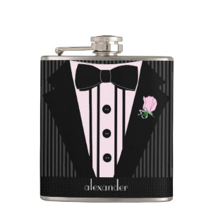 Wedding Tuxedo Pink and Grey Grooms Hip Flask