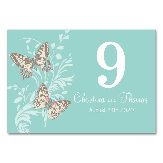Wedding two graphic butterflies name date aqua table number (Front)