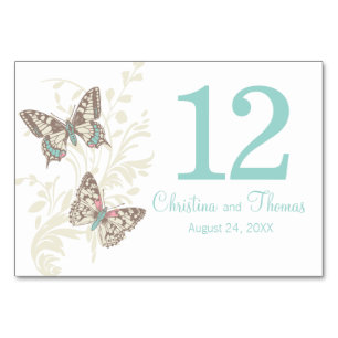 Wedding two graphic butterflies name date teal table number