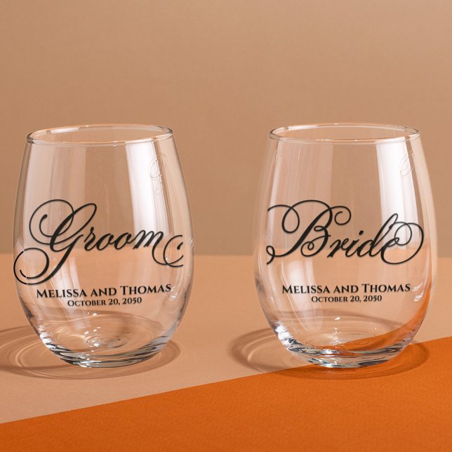 Wedding Typography Calligraphy Bride and Groom Stemless Wine Glass (Custom wine glasses with Bride and groom Calligraphy script)