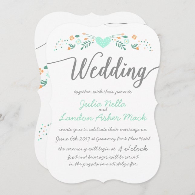 Wedding Typography Folk Art Floral Wedding Invites (Front/Back)