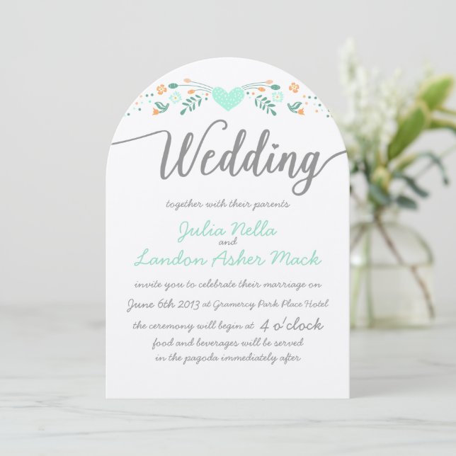 Wedding Typography Folk Art Floral Wedding Invites (Standing Front)