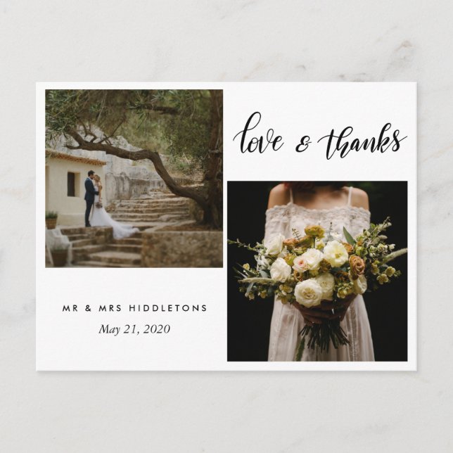 Wedding Typography Love & Thanks | Two Photos Postcard (Front)