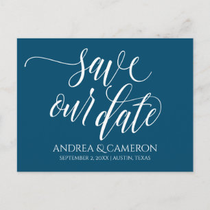 Wedding Typography Save-the-Date- Navy Blue White Announcement Postcard