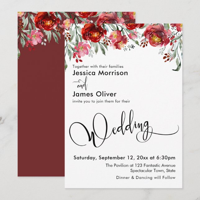 Wedding Typography with Burgundy Red Flowers Invitation (Front/Back)