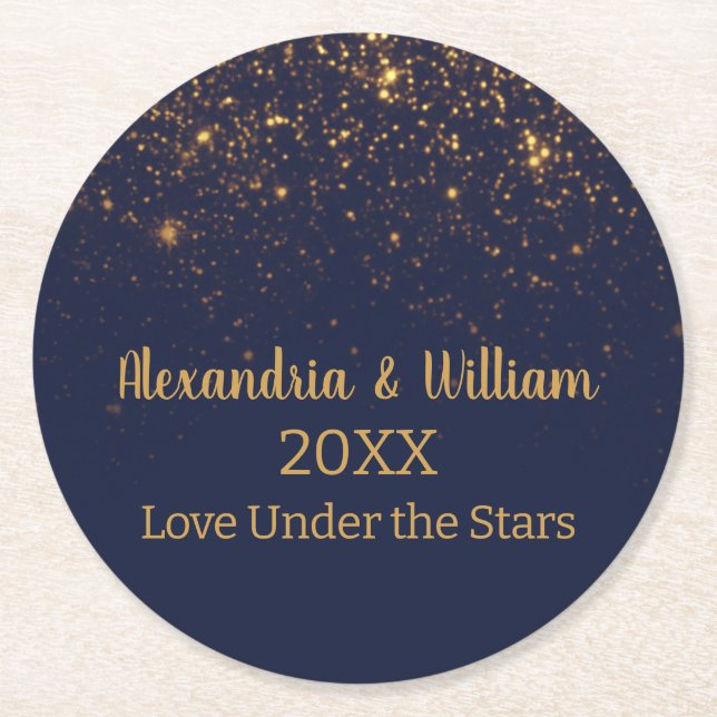 Wedding Under the Stars Navy & Gold Paper Coaster (Front)