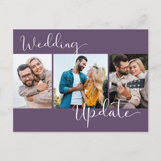 Wedding Update 3 Photo Purple Postponement Postcard (Front)