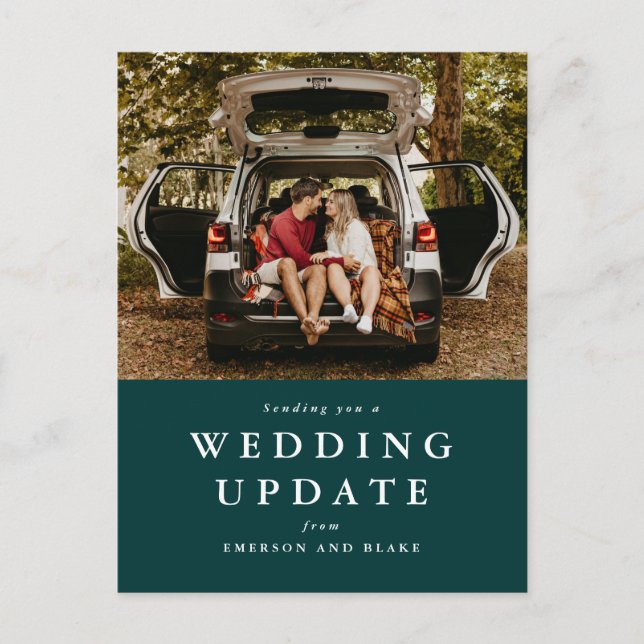 Wedding update change the date green photo postcard (Front)