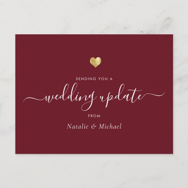 Wedding Update Elegant Script Gold Heart Burgundy Postcard (Front)