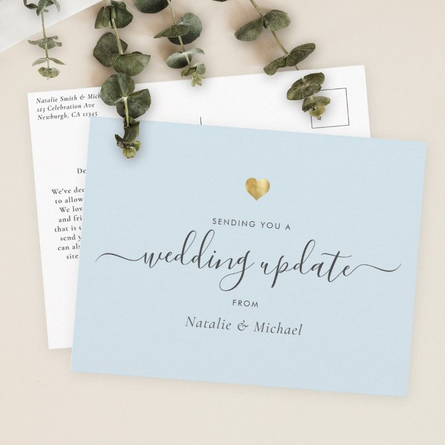 Wedding Update Elegant Script Gold Light Blue Postcard (Creator Uploaded)