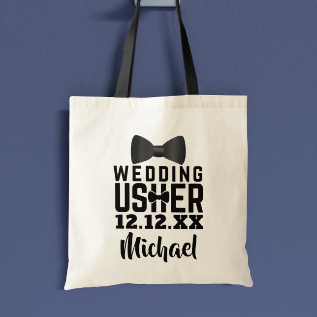 Wedding Usher Gift Black Bow Tie Name Tote Bag (Perfect tote bag for your Wedding Usher. Just add their name and your wedding date)