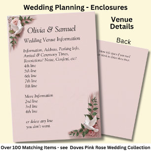Wedding Venue info - Pink Roses & Doves Wedding Enclosure Card