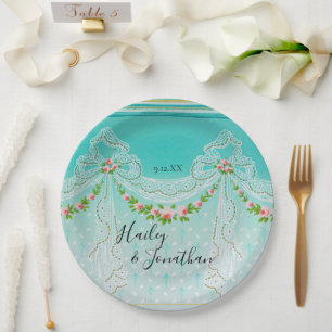 Wedding Vintage Art Nouveau intricate Pink Floral Paper Plate