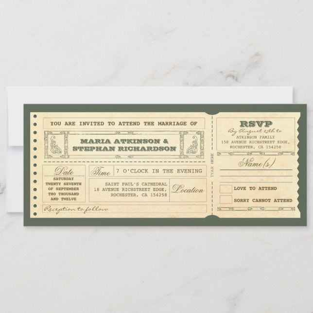 wedding vintage ticket invitation & rsvp design (Front)