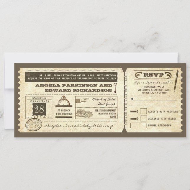 wedding vintage ticket invitation with rsvp design (Front)