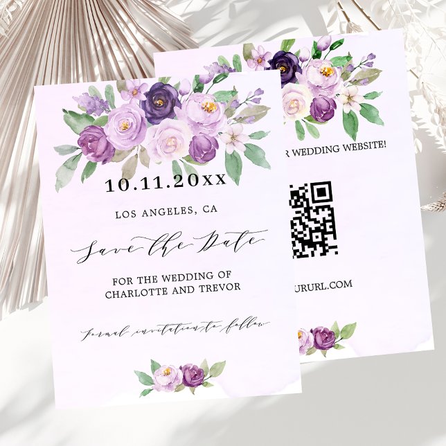 Wedding violet floral QR code budget save the date Flyer (Creator Uploaded)