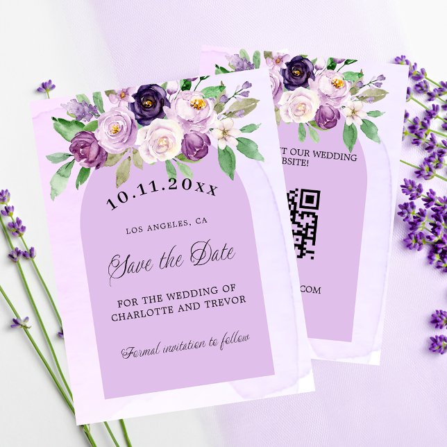 Wedding violet florals QR budget save the date Flyer (Creator Uploaded)