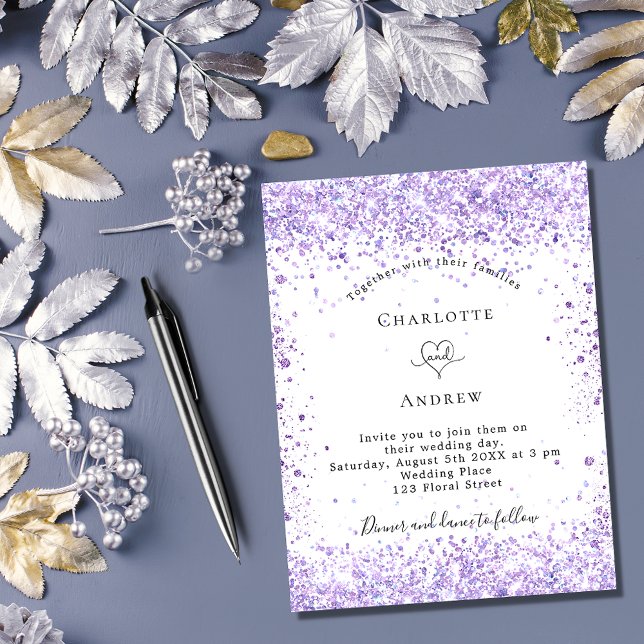 Wedding violet glitter script white elegant invitation postcard (Creator Uploaded)