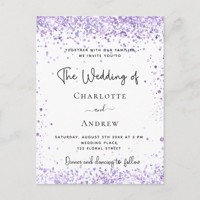Wedding violet lavender glitter invitation postcard (Front)