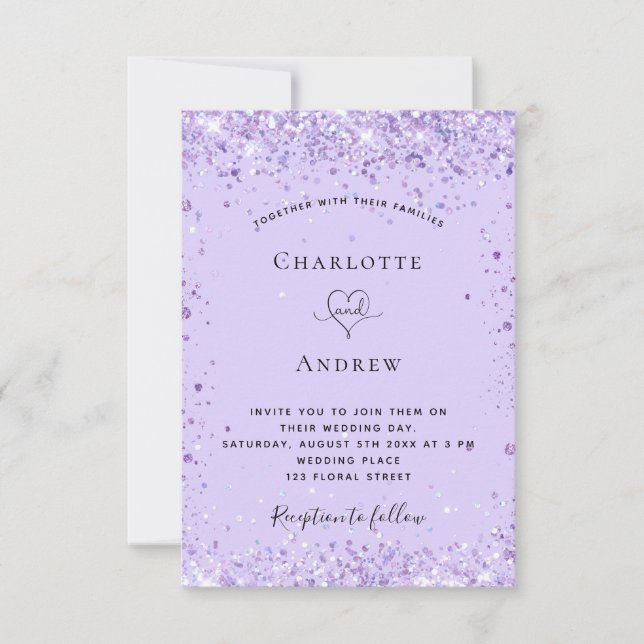 Wedding violet lavender glitter script invitation (Front)