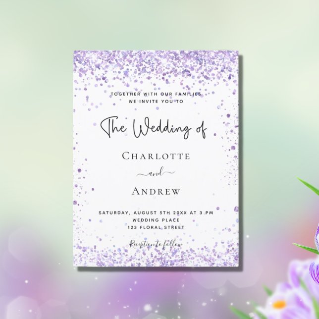 Wedding violet lavender glitter script invitation postcard (Creator Uploaded)
