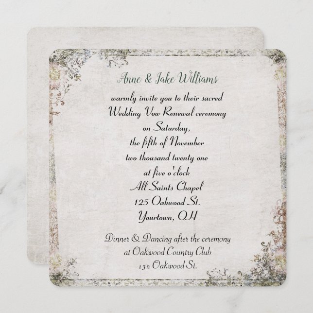 wedding vow renewal old-fashioned floral border invitation (Front/Back)