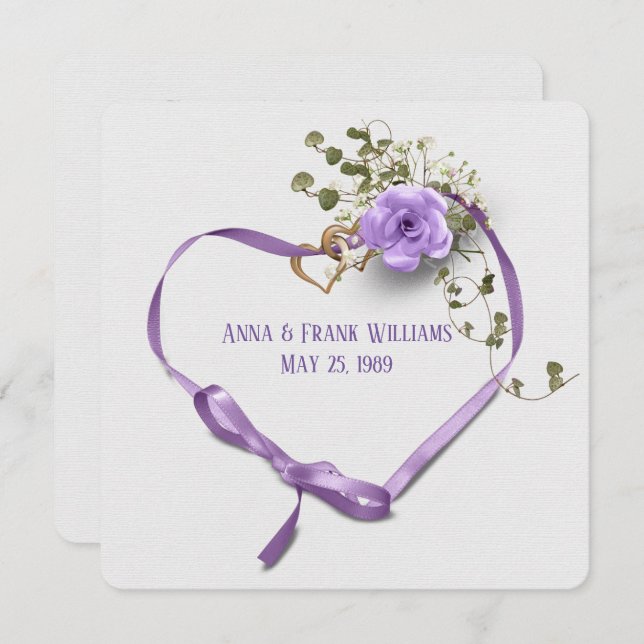 wedding vow renewal-purple ribbon heart with rings invitation (Front/Back)
